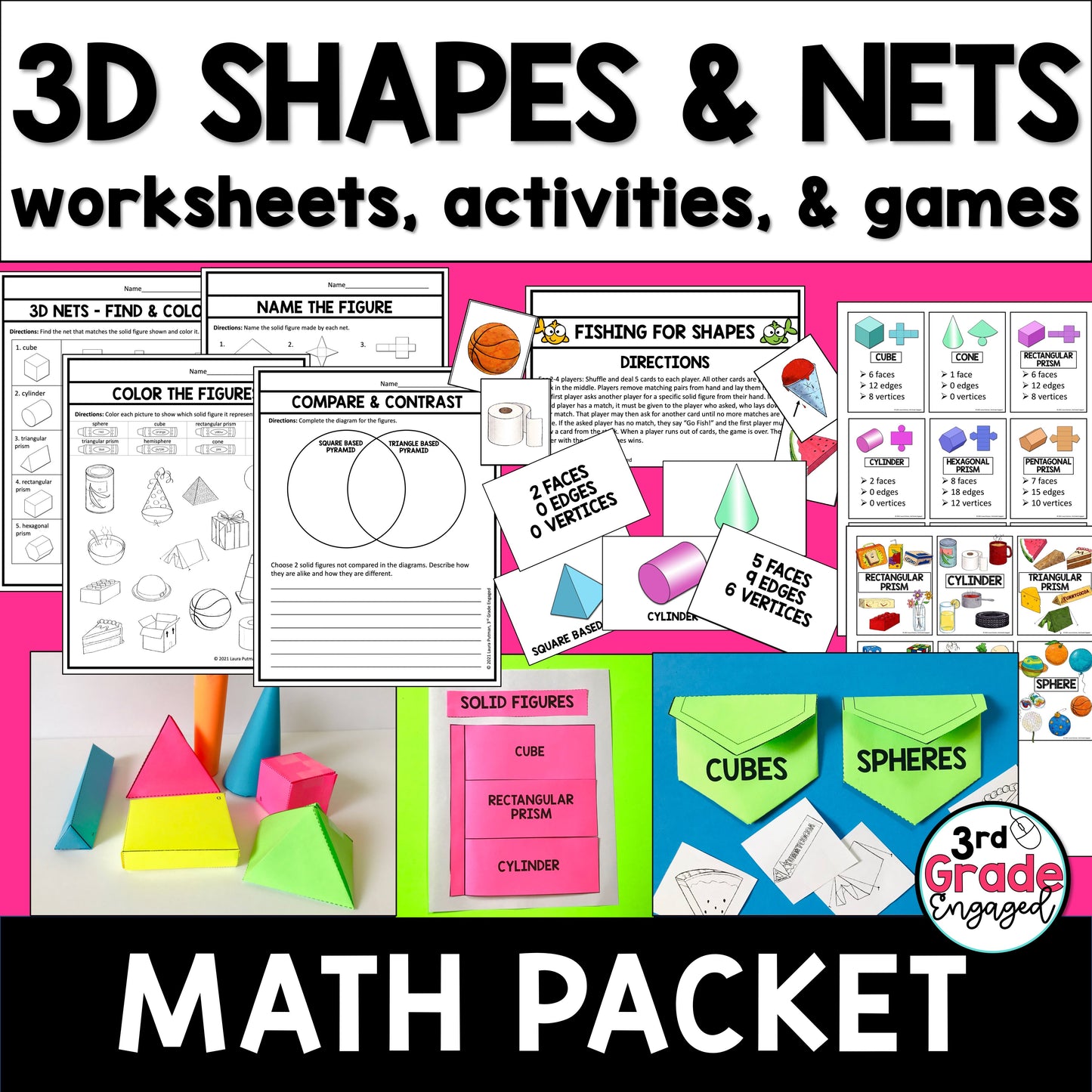 3D Shapes & Nets Math Worksheets, Activities, and Games for Geometry