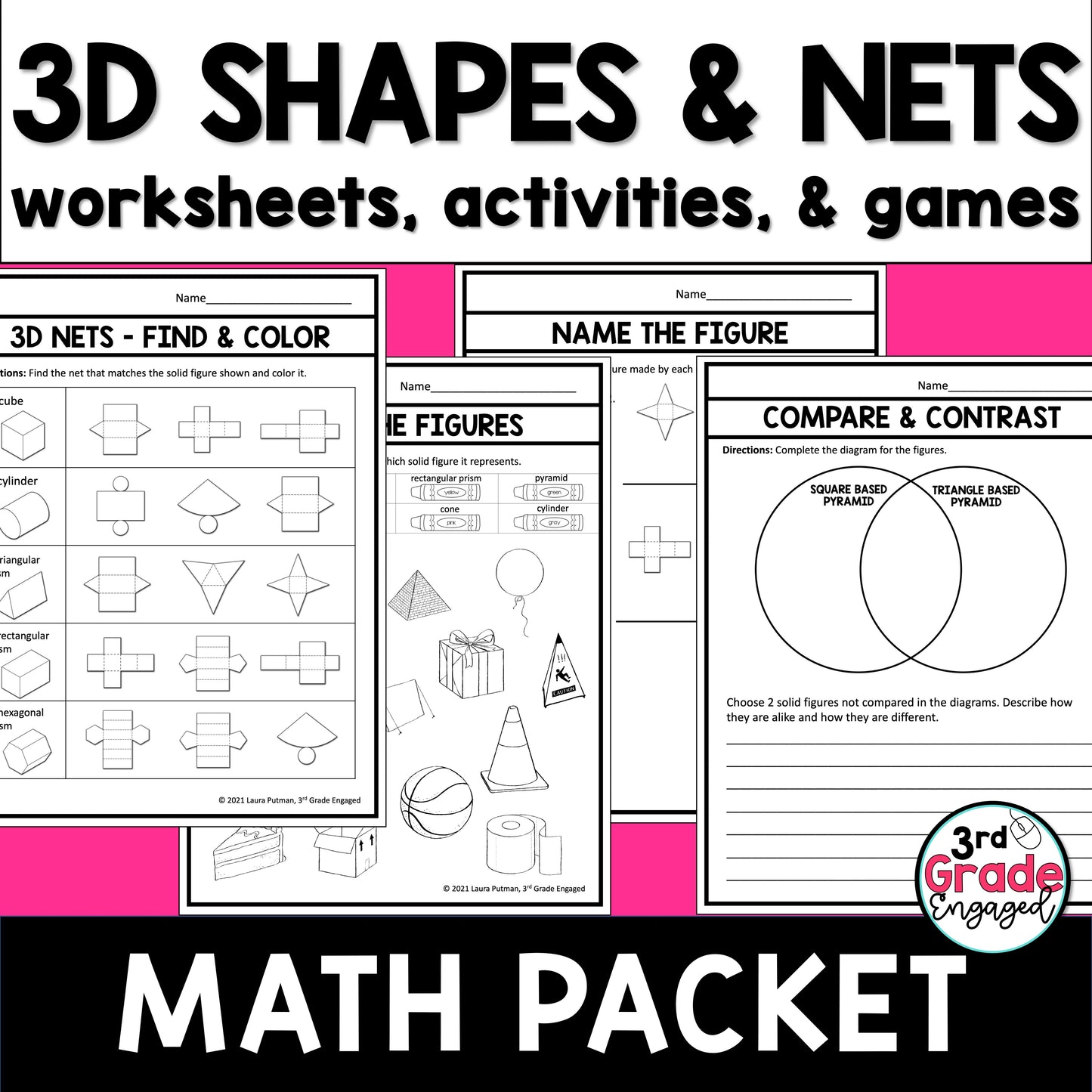 3D Shapes & Nets Math Worksheets, Activities, and Games for Geometry