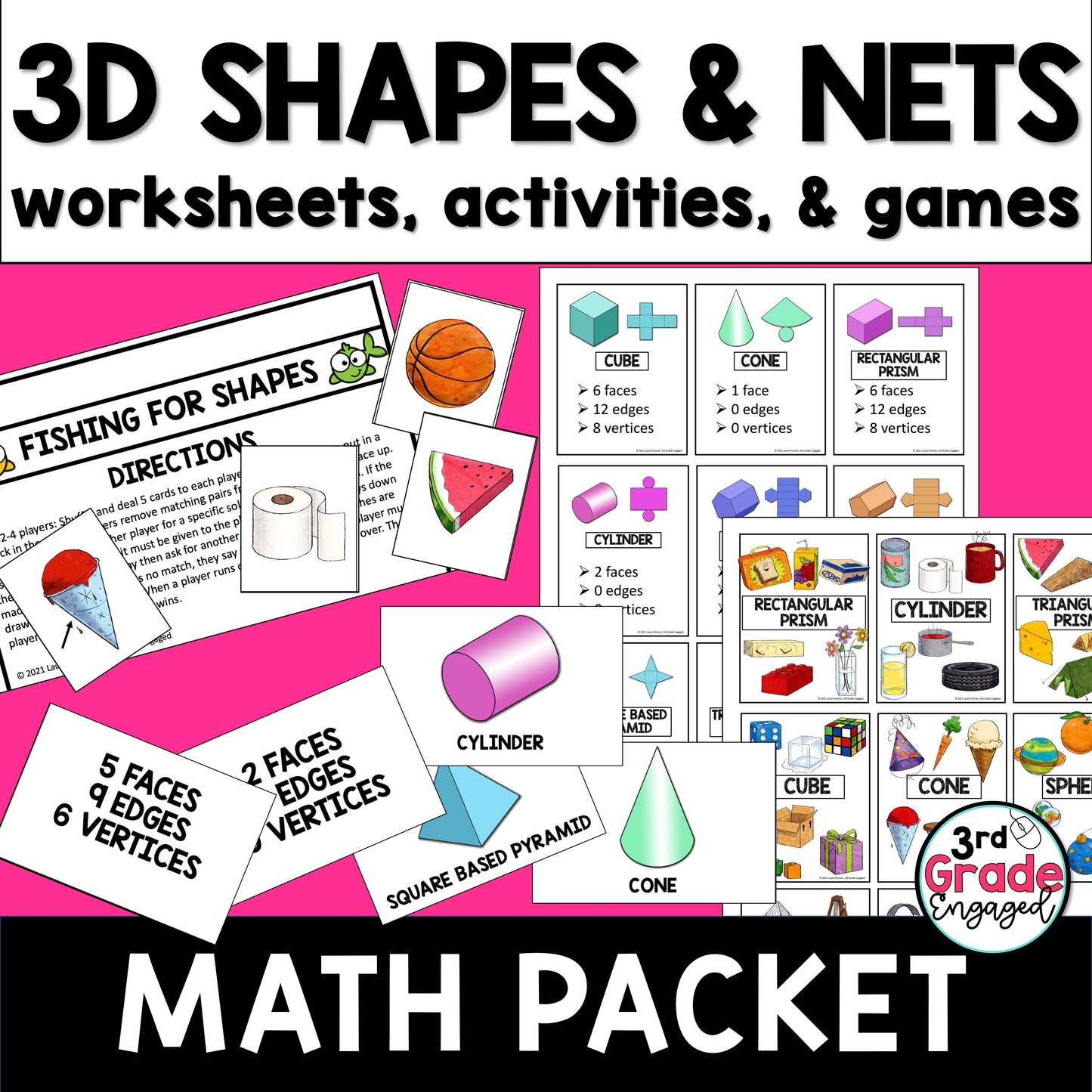 3D Shapes & Nets Math Worksheets, Activities, and Games for Geometry