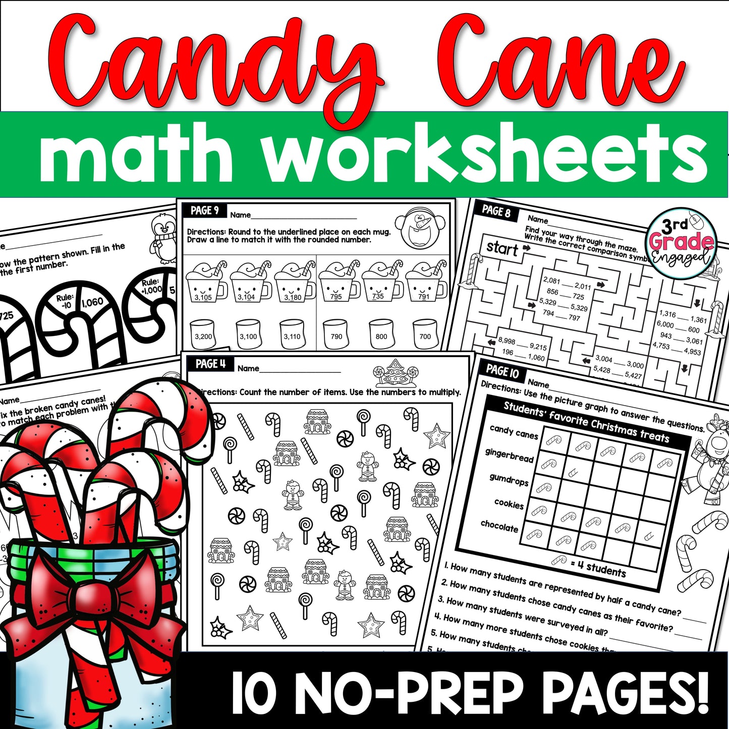 Candy Cane Christmas Math Worksheets for 3rd Grade