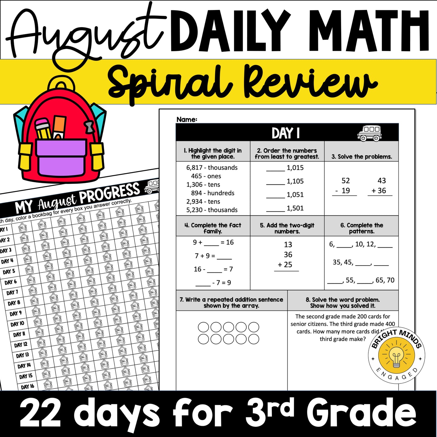 August 3rd Grade Daily Spiral Math Worksheets