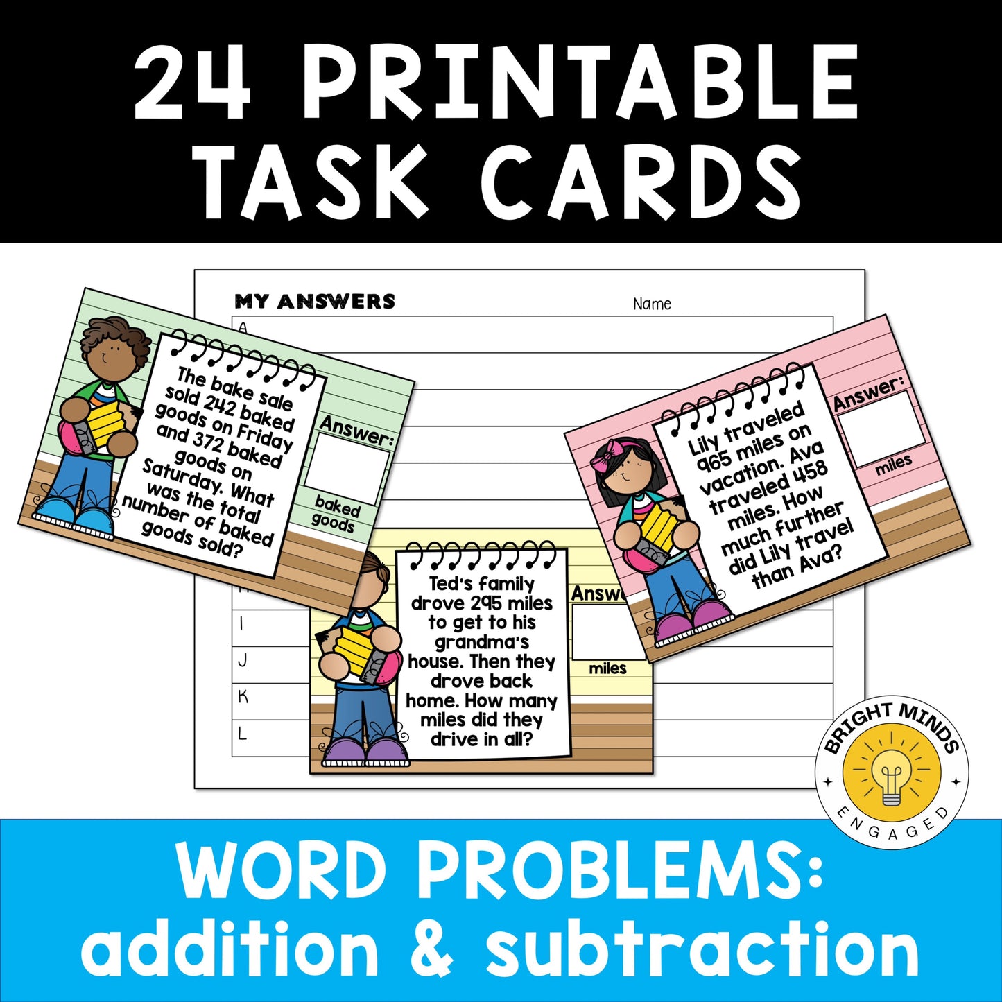 Addition and Subtraction Word Problems within 1,000 Math Task Cards