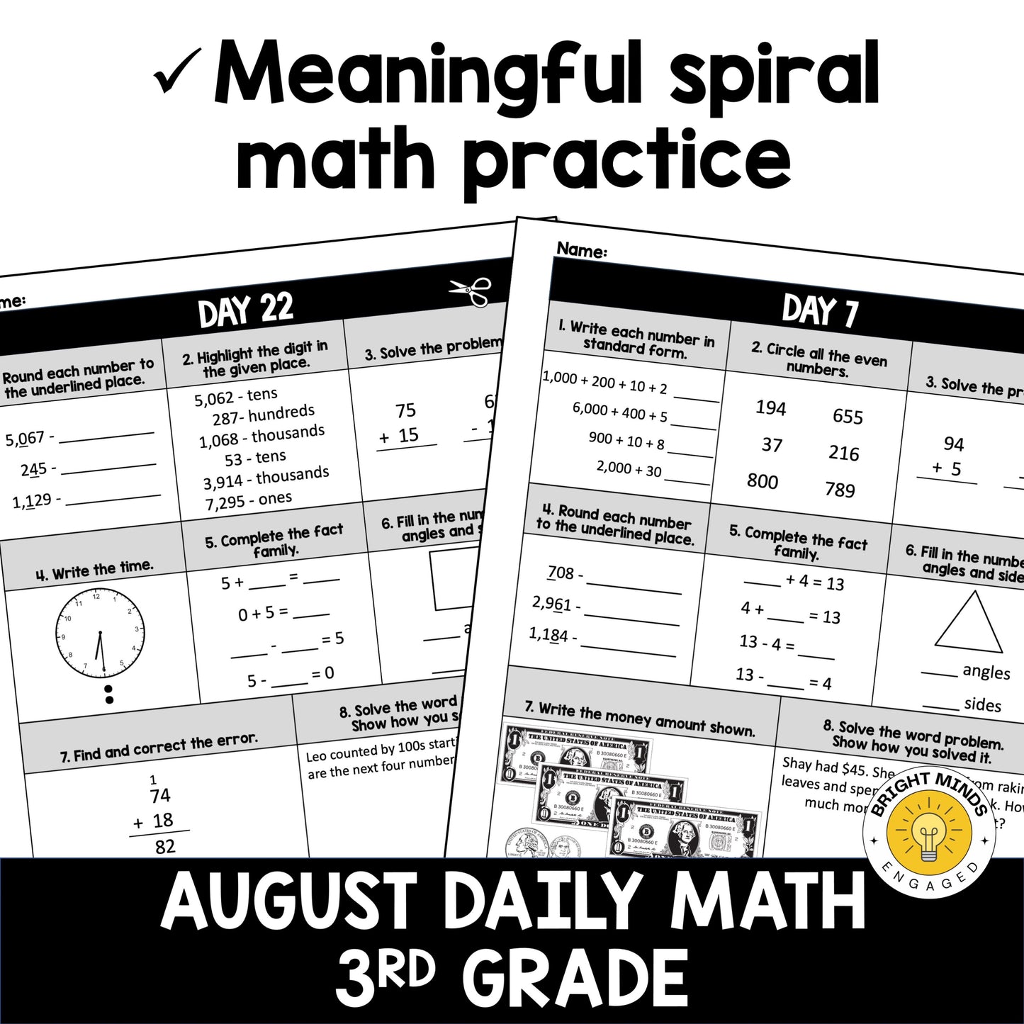 August 3rd Grade Daily Spiral Math Worksheets