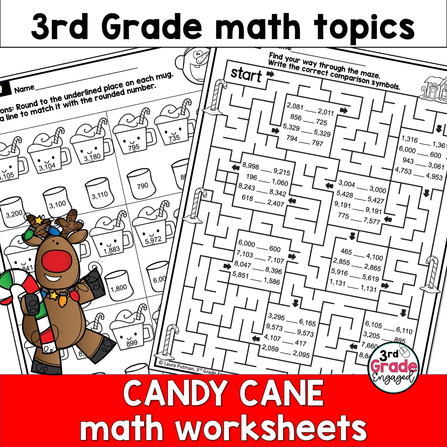 Candy Cane Christmas Math Worksheets for 3rd Grade