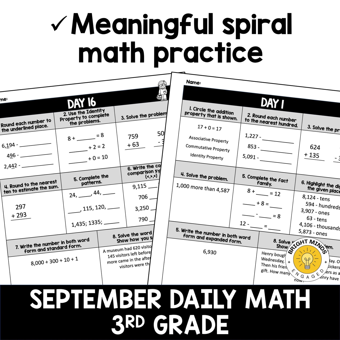 September 3rd Grade Daily Spiral Math Worksheets