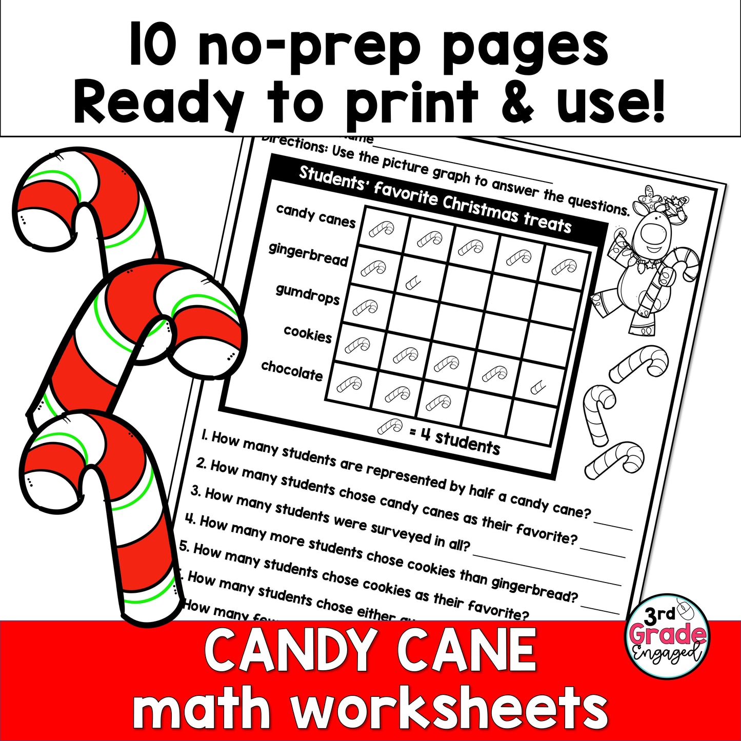 Candy Cane Christmas Math Worksheets for 3rd Grade