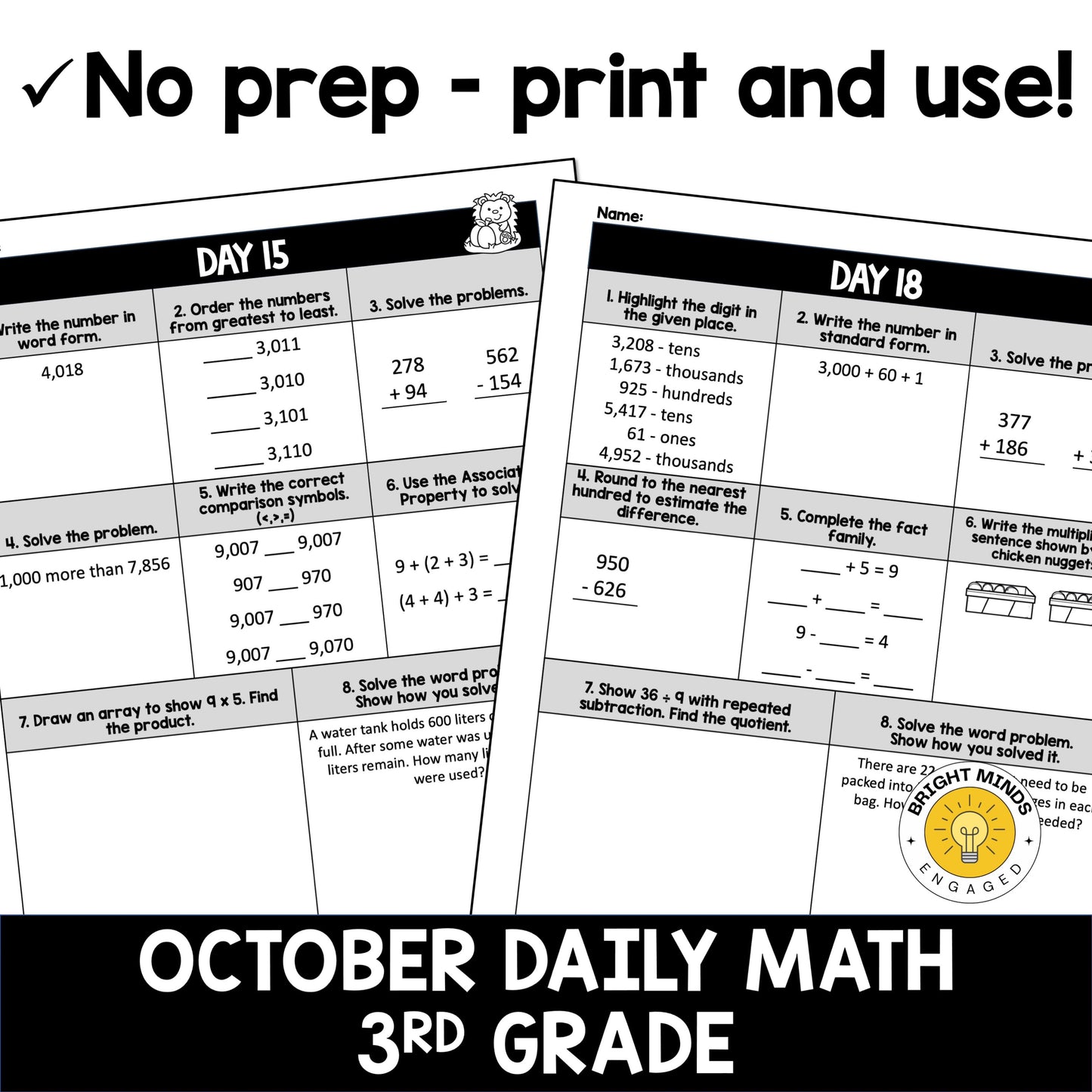 October 3rd Grade Daily Spiral Math Worksheets