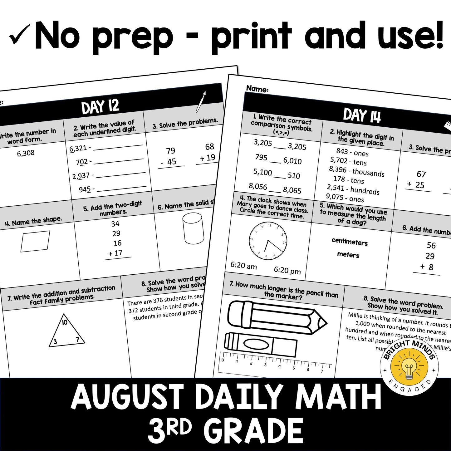 August 3rd Grade Daily Spiral Math Worksheets