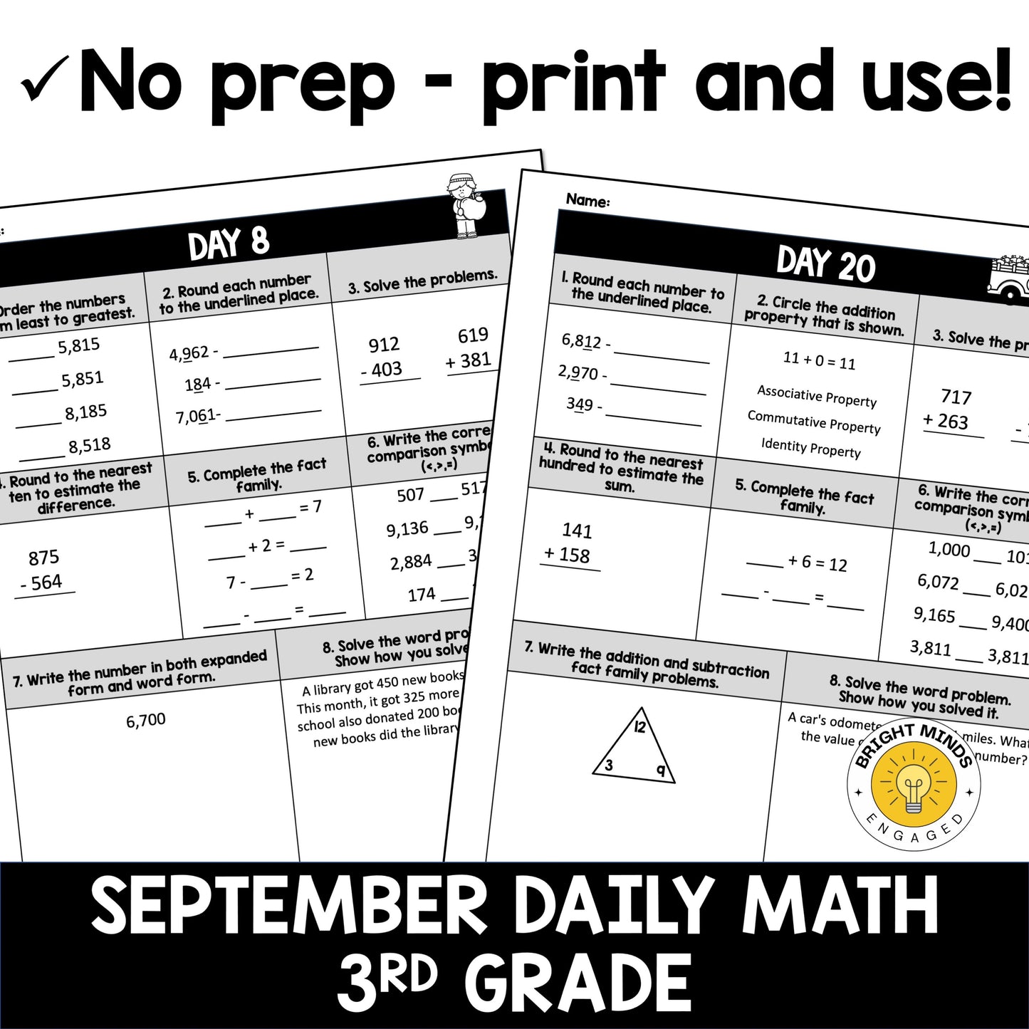 September 3rd Grade Daily Spiral Math Worksheets