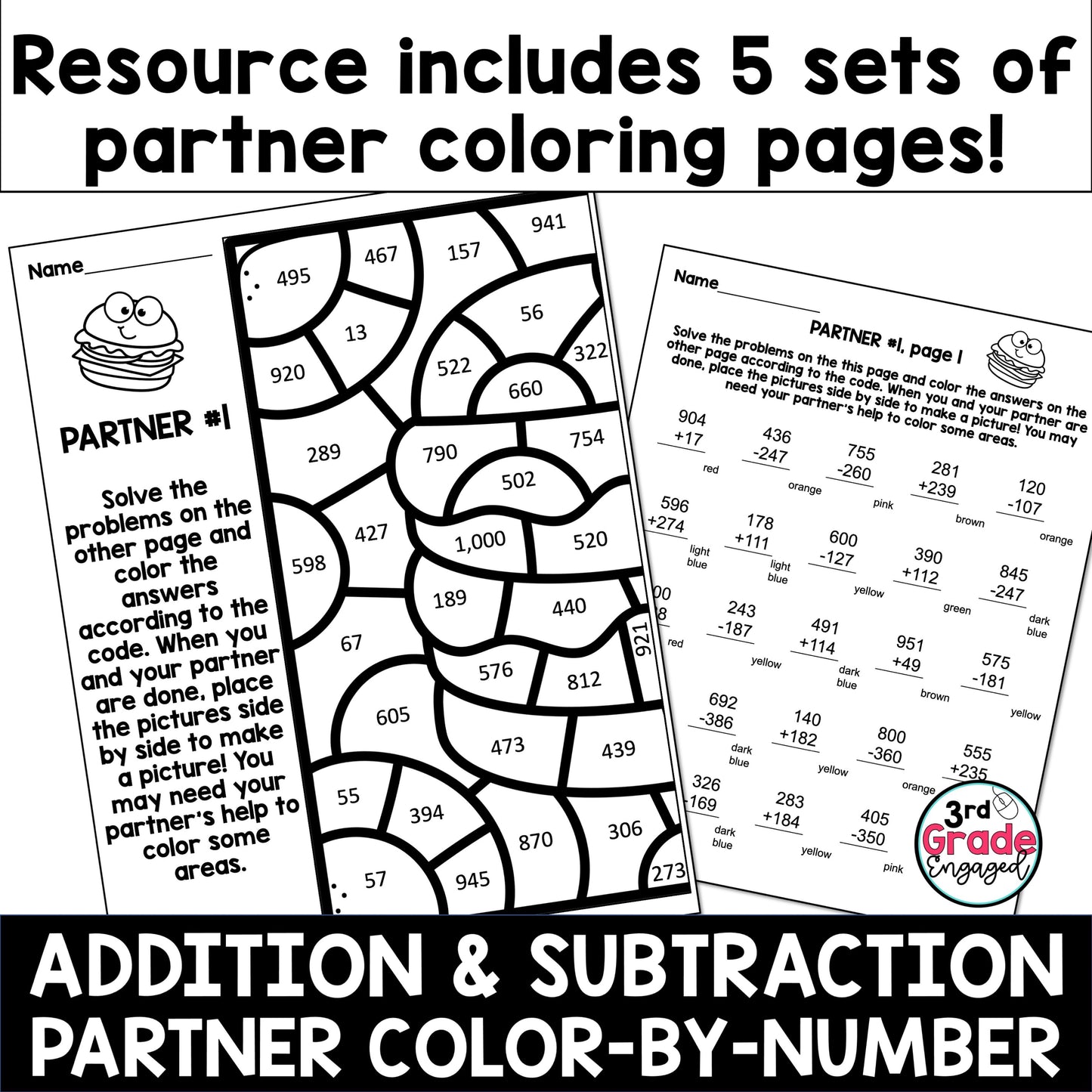 Addition & Subtraction to 1000 Collaborative Color by Number Math Worksheets