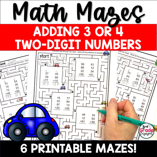 Adding 3 or 4 Two Digit Numbers with Regrouping Math Maze Worksheets