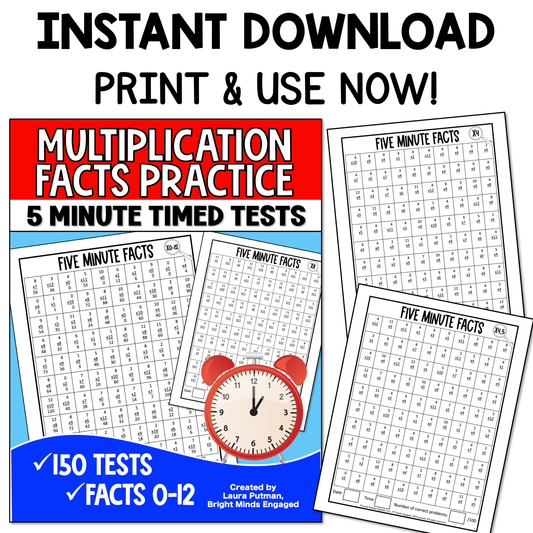 5 Minute Multiplication Fact Tests Instant Download Workbook