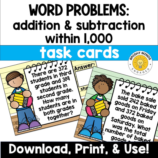 Addition and Subtraction Word Problems within 1,000 Math Task Cards