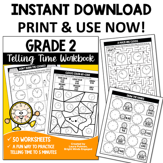 2nd Grade Telling Time Instant Download Workbook