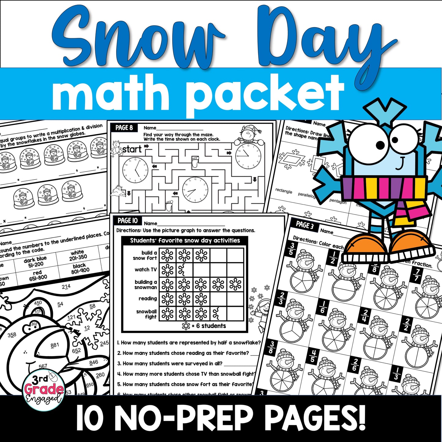 3rd Grade Math Snow Day Worksheets Packet