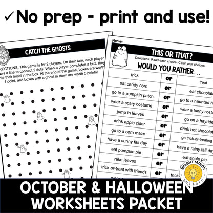 October and Halloween Worksheets and Activities Packet