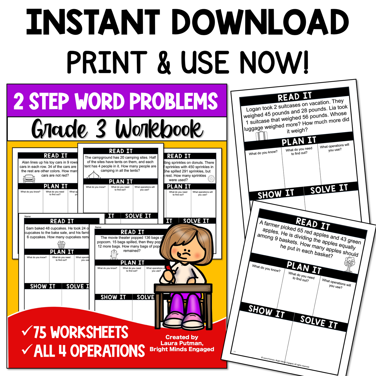 Grade 3 Two-Step Word Problems Instant Download Workbook