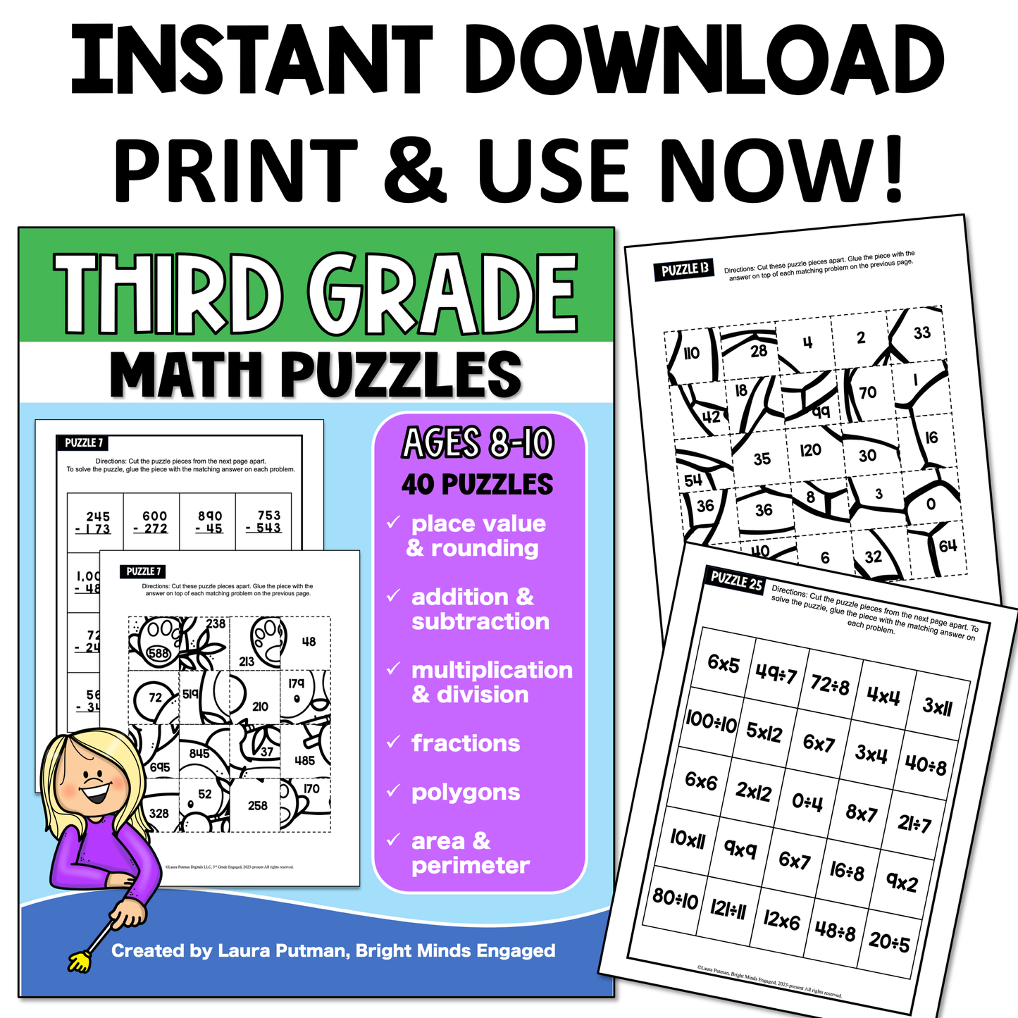 3rd Grade Math Puzzles Instant Download Workbook