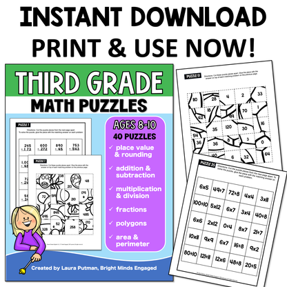 3rd Grade Math Puzzles Instant Download Workbook