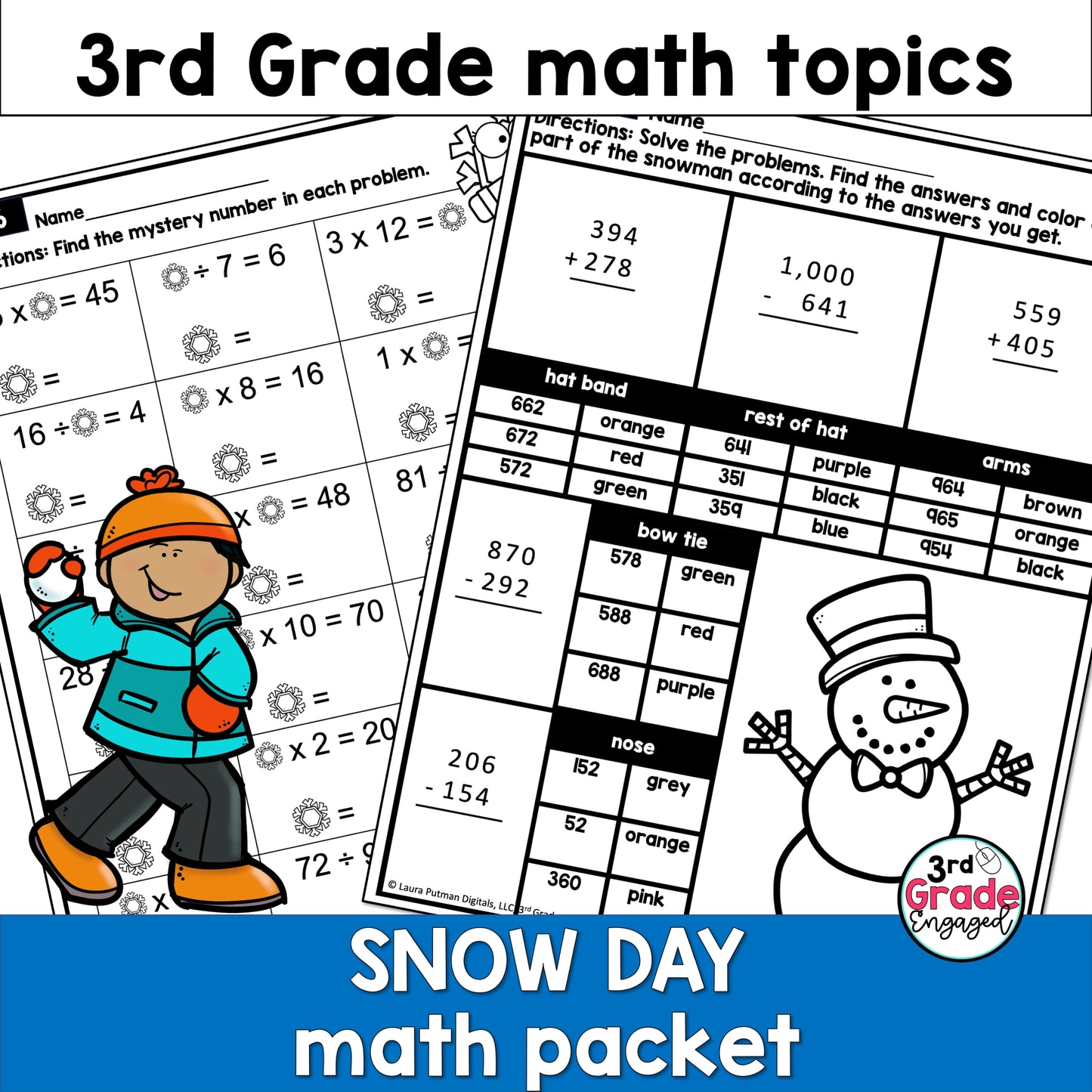 3rd Grade Math Snow Day Worksheets Packet