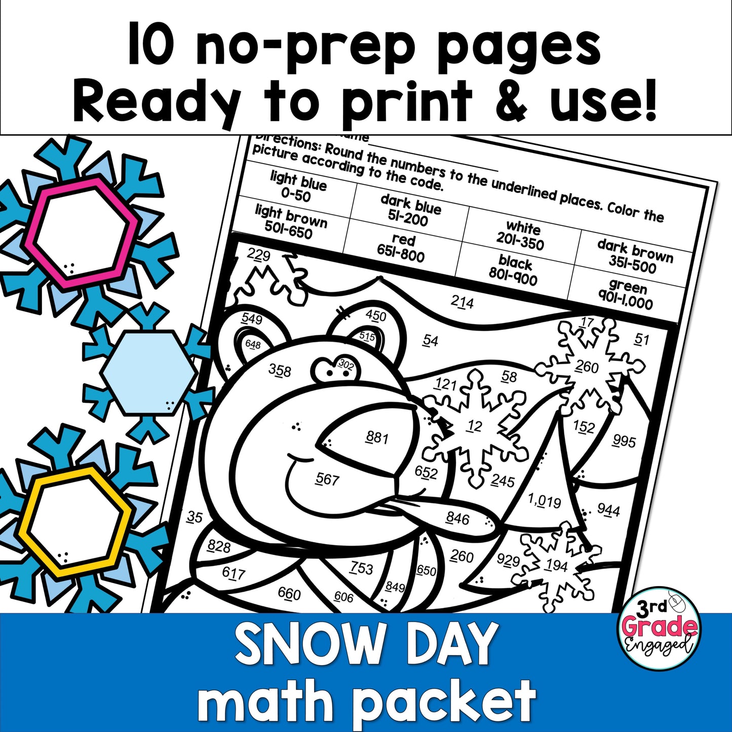 3rd Grade Math Snow Day Worksheets Packet