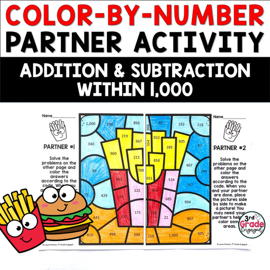 Addition & Subtraction to 1000 Collaborative Color by Number Math Worksheets