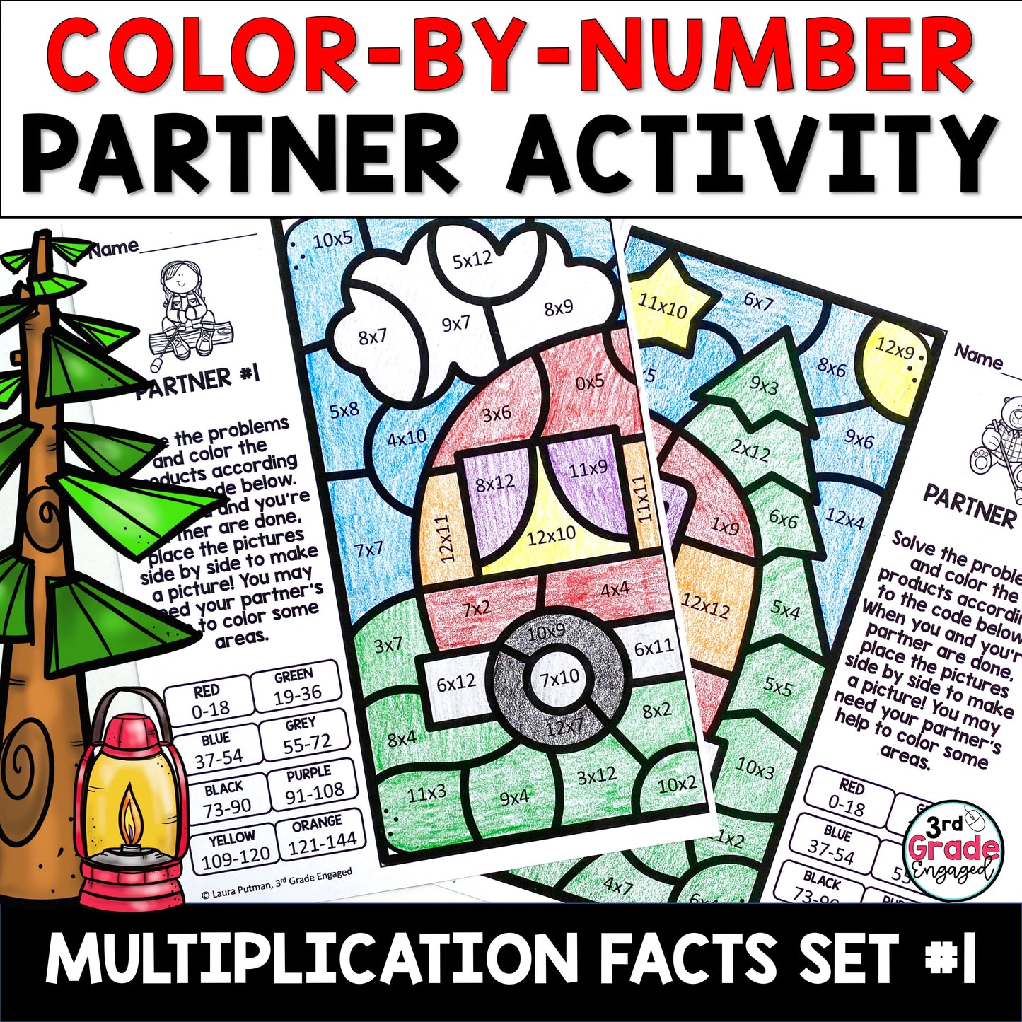 Multiplication Facts Color by Number Collaborative Math Worksheets #1