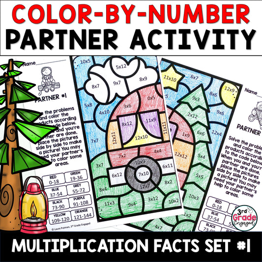 Multiplication Facts Color by Number Collaborative Math Worksheets #1