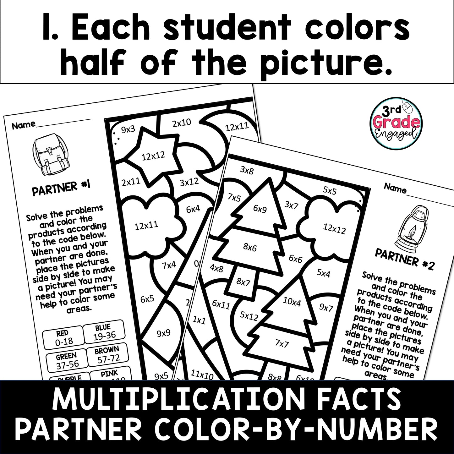 Multiplication Facts Color by Number Collaborative Math Worksheets #1