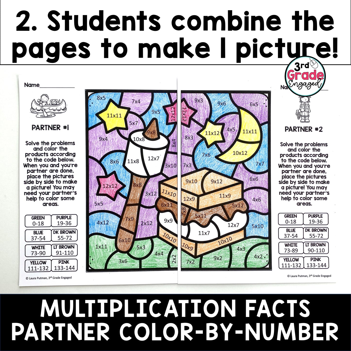 Multiplication Facts Color by Number Collaborative Math Worksheets #1