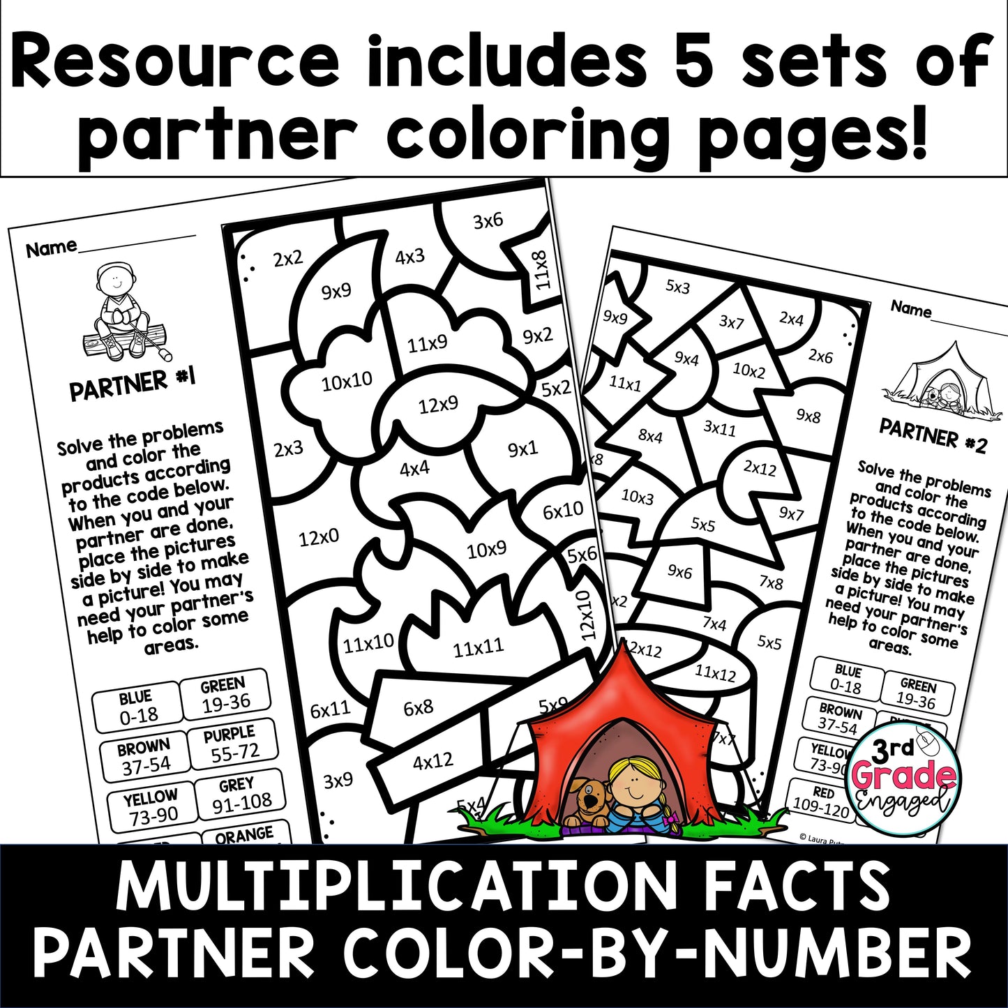 Multiplication Facts Color by Number Collaborative Math Worksheets #1